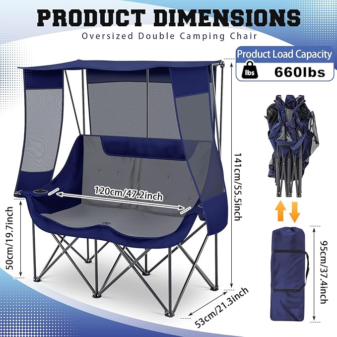 Teenyyou Double Camping Chair with Canopy Shade 660lbs Heavy Duty Beach Chair Portable Folding 2 Person Camping Loveseat with Cup Holder and Storage Bag for Lawn Beach Outdoor Sport(Blue and Grey)