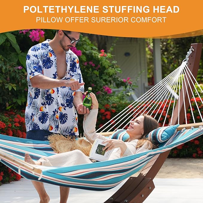 Lazy Daze Hammocks 12 FT Sunbrella Fabric Hammock not Fading with Spreader Bars and Free Pillow Fits for 2 Persons All Weather and Fade Resistant for Patio Yard 450 lbs Capacity Token Surfside