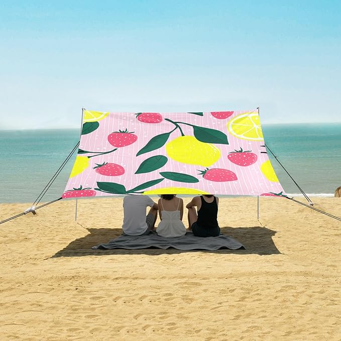 Beach Canopy with Windproof Ropes &amp Sandbags Beach Tent Sun Shade Sun Shelter for Camping Trips Fishing Backyard Fun or Picnics Lemon and Strawberry