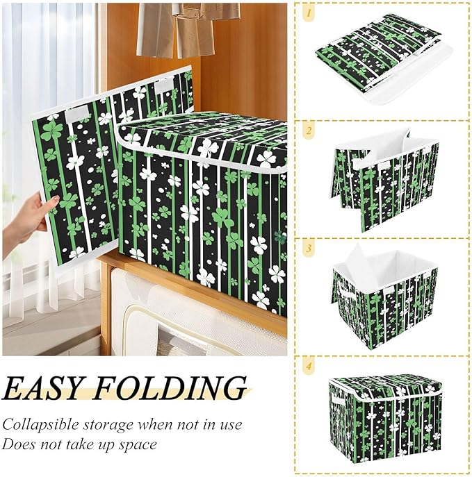 Christmas Storage Baskets with Lids Shamrock Stripes Collapsible Bins Stackable Fabric Linen Baskets Closet Organizer Container 16.5x12.6x11.8