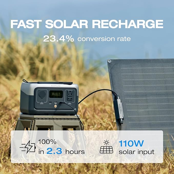 EF ECOFLOW RIVER 2 Portable Power Station 256Wh LiFePO4 Battery 1-Hour Fast Charge Up to 600W AC Outlets Solar Generator for Camping/Outdoor/Home Backup Includes Solar Charging Cable