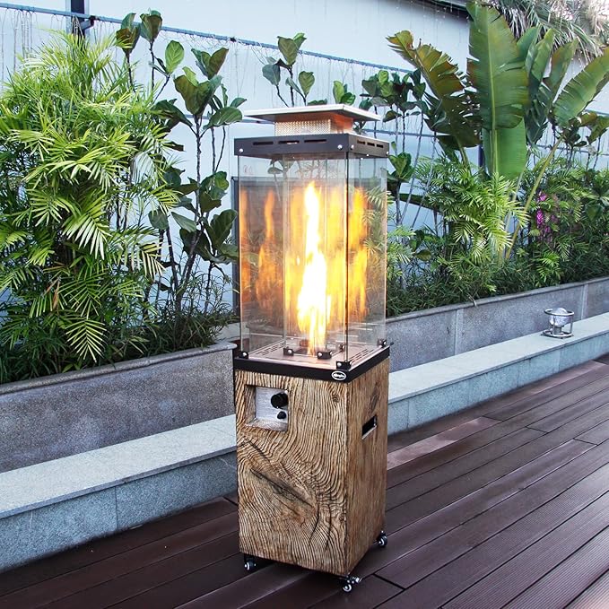 Afterglow Outdoor Patio Propane Fire Heater with Weather Cover Glass 41000 BTU Fireplace Patented &amp CSA Certificated Wood Grain Brown