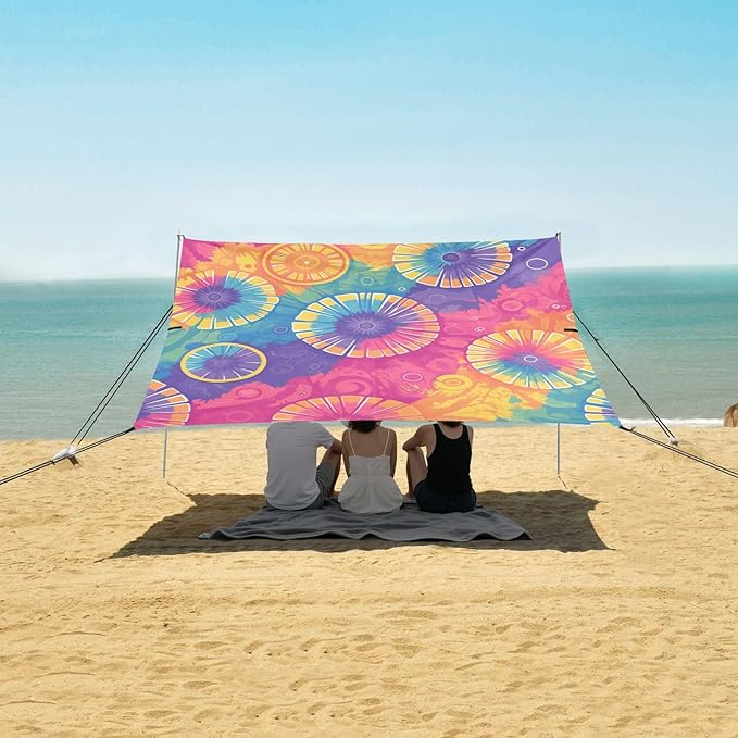 Darkorchid Tie Dye Background Rainbow Colors Tie-dye Pattern Beach Tent UPF50 Easy Setup Shade Sun Shelter with Sandbags &amp Sand Shovel for Camping Picnics Backyard &amp Fishing