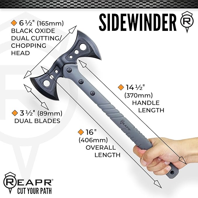 Reapr Sidewinder Tactical Double Axe16 Dual-Headed Survival Hatchet with 2Cr13 Stainless Steel Cast Head Black Oxide Finish Ballistic Sheath Camping Hunting Outdoor (Sidewinder)
