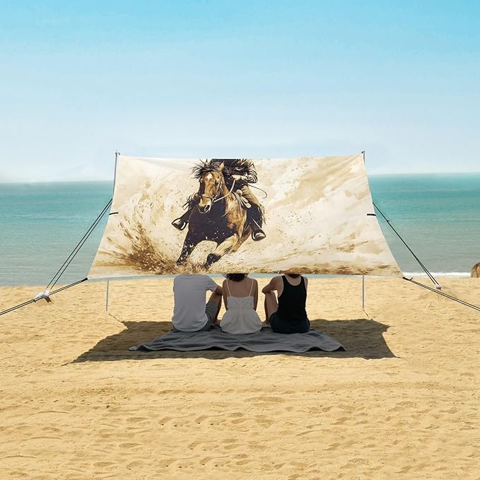 Running Western Cowboy Beach Tent Sun Shelter Set UPF50+ UV Protection 10.5 x 9.19 FT Camping Shade Canopy with Sandbags Sand Anchors Carrying Bag and Others