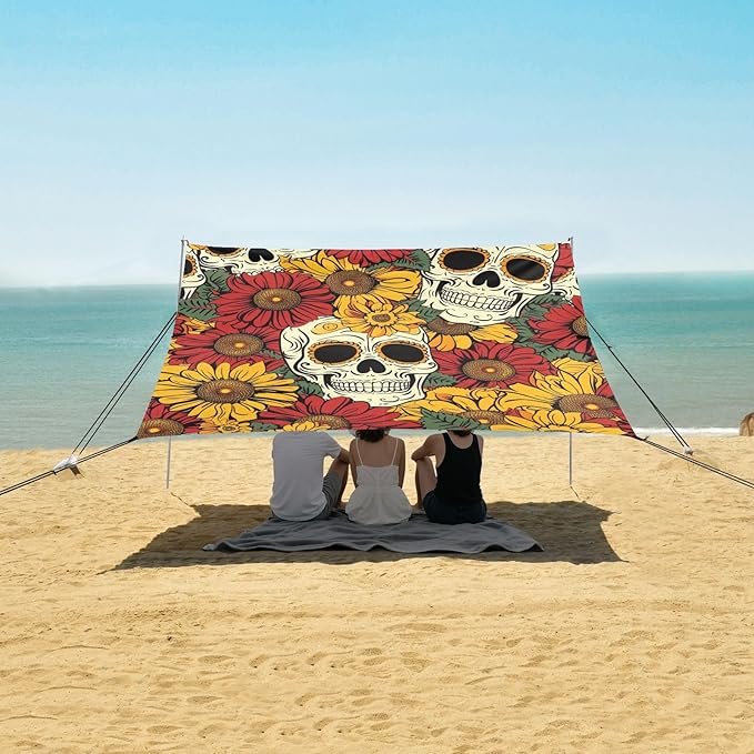ALAZA Dia De Los Day of The Dead Muertos Skull Flower Seamless Beach Tent Sun Shelter Portable Canopy Sunshade for Outdoor Camping Picnics Backyard Fun 10x9 ft