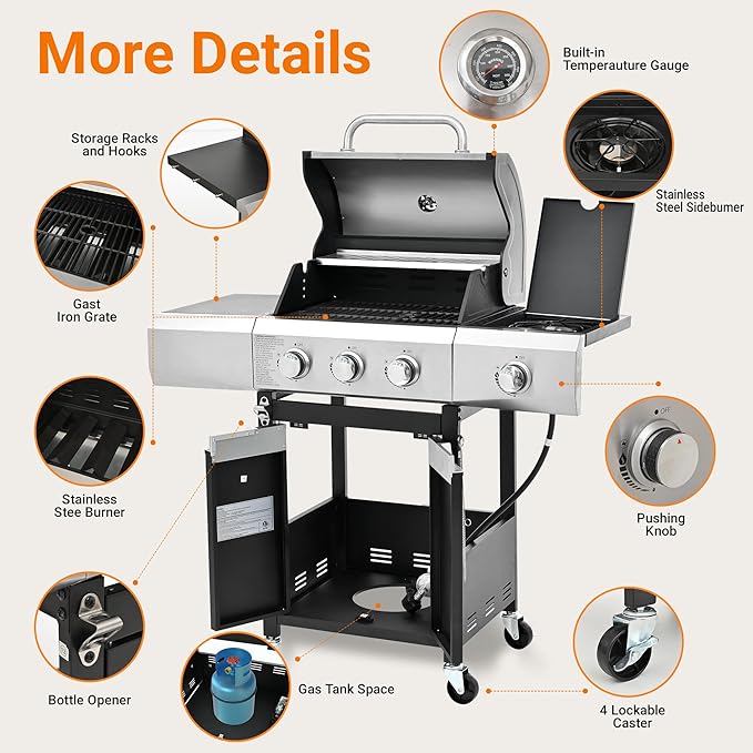 3 Burner Gas Grill with Cloth Cover – High-Powered 51000 BTU Burners Stainless Steel Construction Ample Cooking Space – Perfect for Backyard Barbecues Parties and Family Gatherings