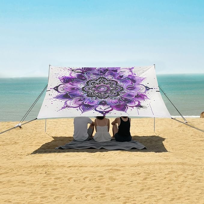 ALAZA Purple Mandala Watercolor Beach Tent Sun Shelter UPF50+ Protection Beach Shade Canopy w/ 4 Sandbags for Outdoor Camping Fishing Backyard Fun Picnic 10x9 ft
