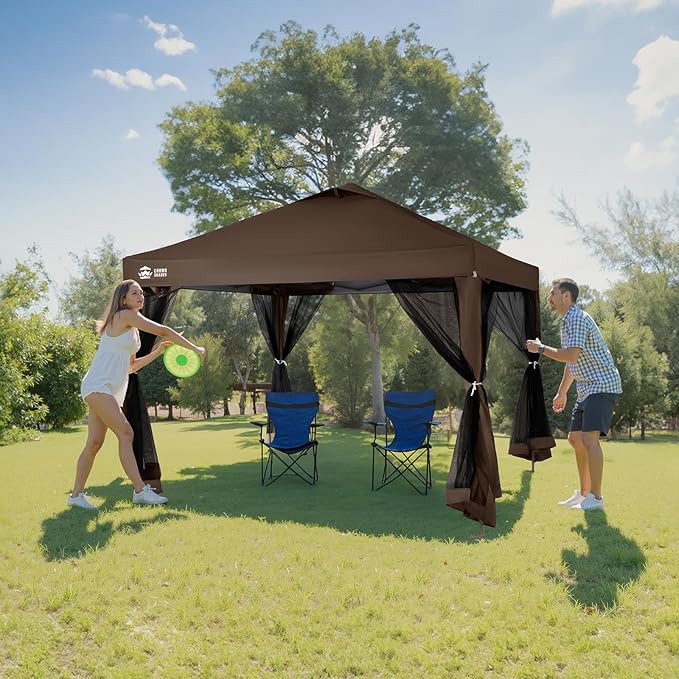 CROWN SHADES Gazebo 10x10 Pop Up Canopy with Mosquito Netting Screen Tent with 4 Ropes 8 Stakes 4 Sandbags and Wheeled Storage Bag Canopy for Patio &amp Backyard PartiesCamping&ampEvents -(Coff
