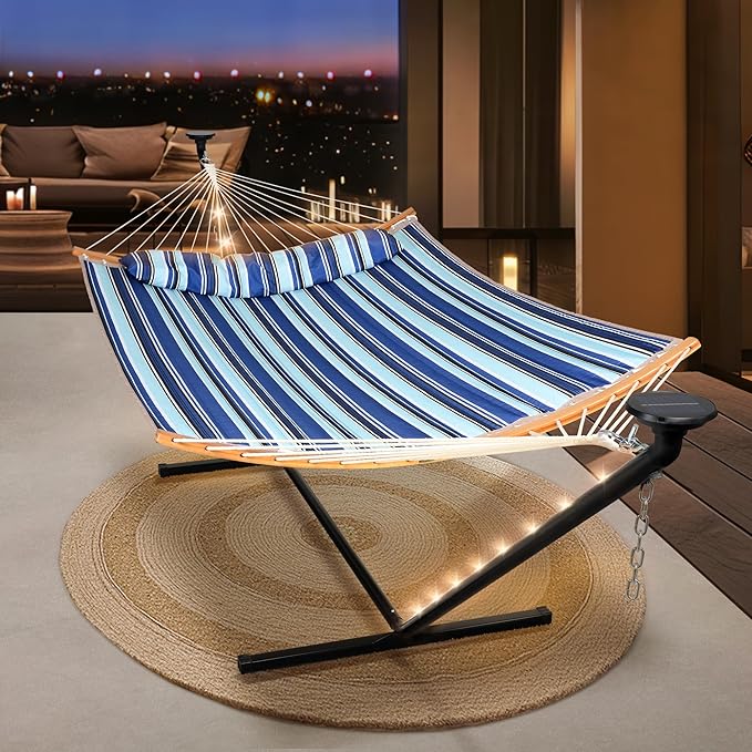 SUNCREAT Double Hammock with 12 ft Stand Solar Powered Lights Included Outdoor Hammock for Outside Blue &amp White