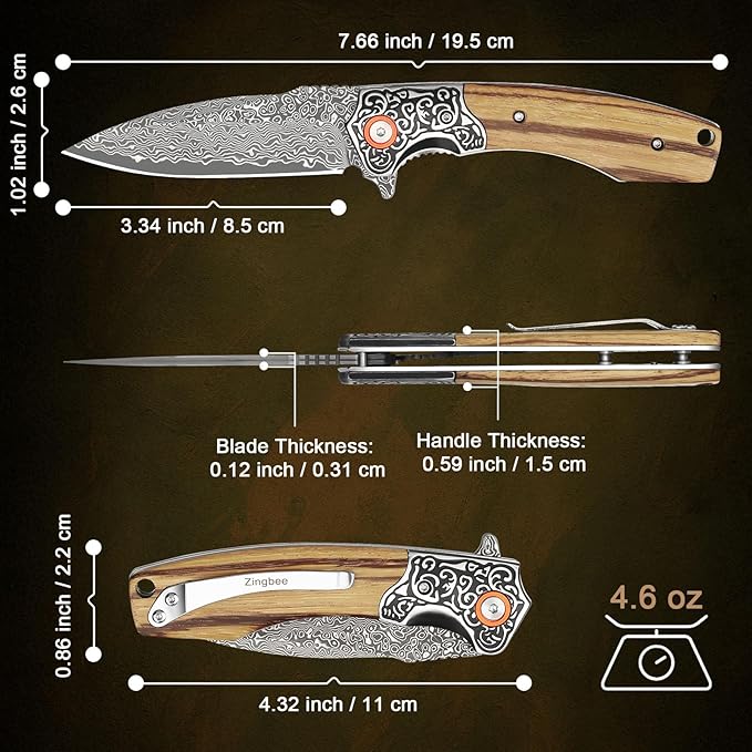 Damascus Pocket Knife For Men Folding Knife With Clip &amp 3.34 Damascus Steel Blade EDC Pocket Knife with Zebra Wood Handle for Camping Hunting Outdoor