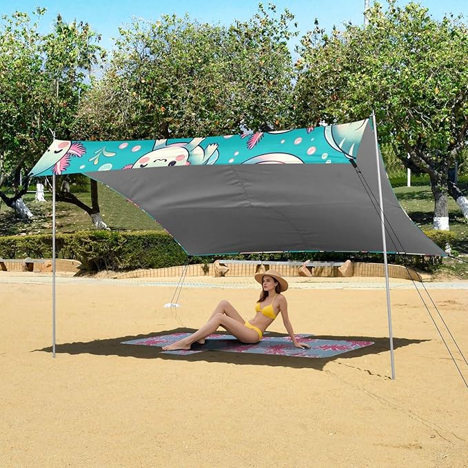 Cute Axolotl Pattern Beach Tent Sun Shelter Set UPF50+ UV Protection 10.5 x 9.19 FT Camping Shade Canopy with Sandbags Sand Anchors Carrying Bag and Others