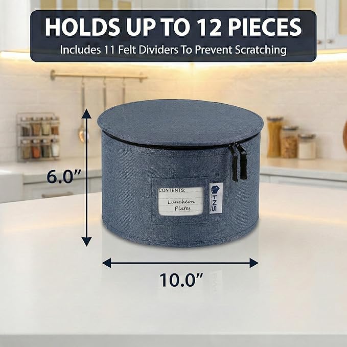 Dinner Plates Storage Container - Hard Shell China Organizer with Dividers - Holds 12 Plates of 10 - Durable &amp Stackable Storage Box for Seasonal Dishware Protection - Denim Blue