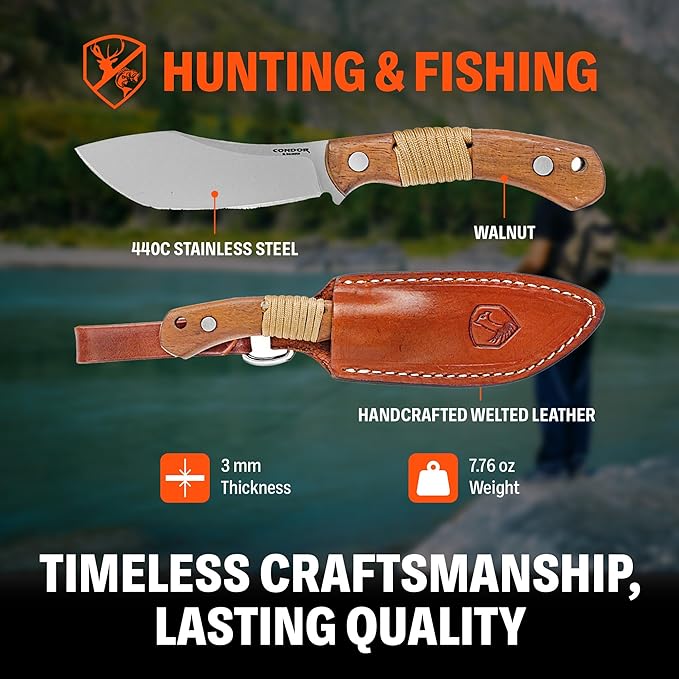 Condor Tool &amp Knife Mountaineer Trail Hunting Knife - 440C Stainless Steel - Walnut Handle and Hand Crafted Welted Leather Sheath - 4.14 Inches Blade - 7.76 Ounce (3.5mm Thick)