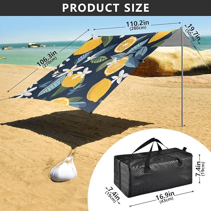 ALAZA Lemon Fruits and Lemon Blooms Beach Tent Sun Shelter Portable Canopy Sunshade for Outdoor Camping Picnics Backyard Fun 10x9 ft