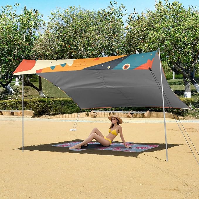 Dino Pattern Foldable Beach Canopy UPF50+ Waterproof Large Portable Sun Shelter with Sandbags and Shovel for Camping Picnics Backyard &amp Fishing