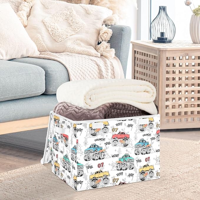 Monster Trucks Lidded Home Storage Bins Closet Storage Bins Foldable Oxford Fabric Storage Box for Home Bedroom Closet Office (16.5x12.6x11.8 in)