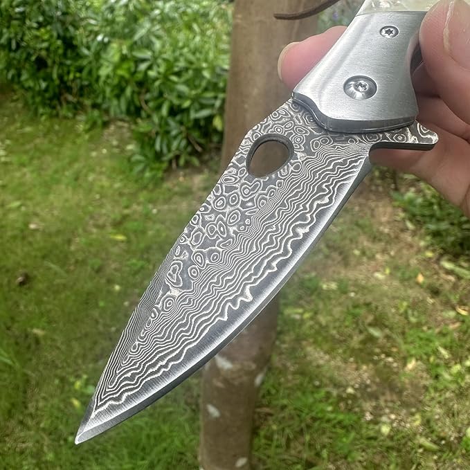Damascus VG10 Steel Folding Pocket Knife 3.15 Blade MOP Handle EDC Knife with Mechanical Lock Pocket Clip for Men Women Camping Survival Hiking