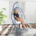 Hanging Egg Chair with Stand Outdoor Indoor Patio Rattan Swing Hammock Chairs with Washable Cushion PE Wicker Swing Chair for Backyard Bedroom Garden (Blue + White Cushion No Footrest)