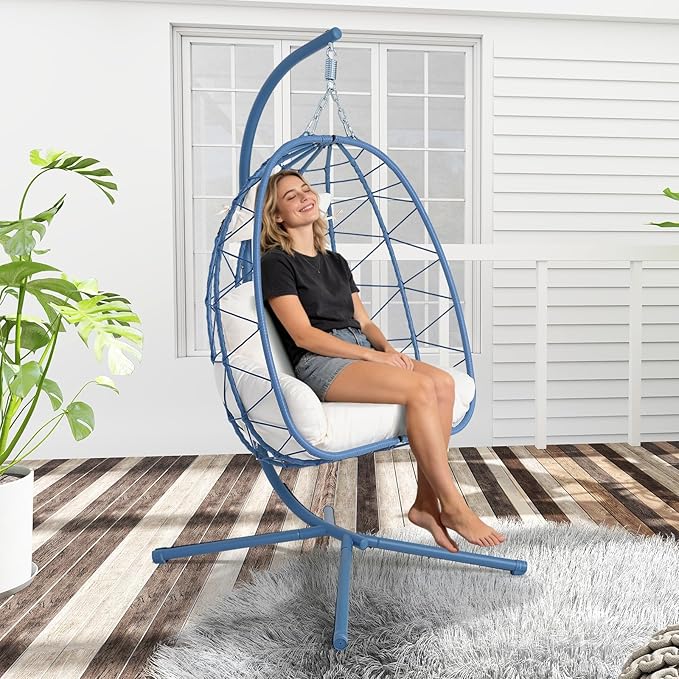 Hanging Egg Chair with Stand Outdoor Indoor Patio Rattan Swing Hammock Chairs with Washable Cushion PE Wicker Swing Chair for Backyard Bedroom Garden (Blue + White Cushion No Footrest)