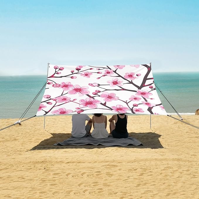 ALAZA Pink Cherry Blossom Flower Floral 2 Beach Tent Sun Shelter UPF50+ Protection Beach Shade Canopy w/ 4 Sandbags for Outdoor Camping Fishing Backyard Fun Picnic 10x9 ft