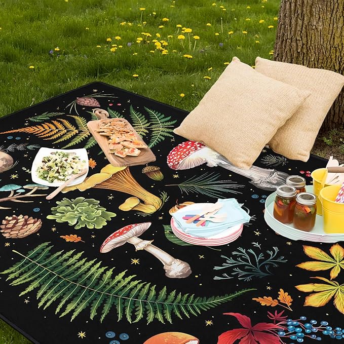 Mushroom Picnic Blankets Waterproof Foldable 80″X80″Thick Three Layer Picnic Mat Outdoor Blanket for Grass Large Beach Blanket Sandproof Picnic Accessories for Camping Party Park Patio