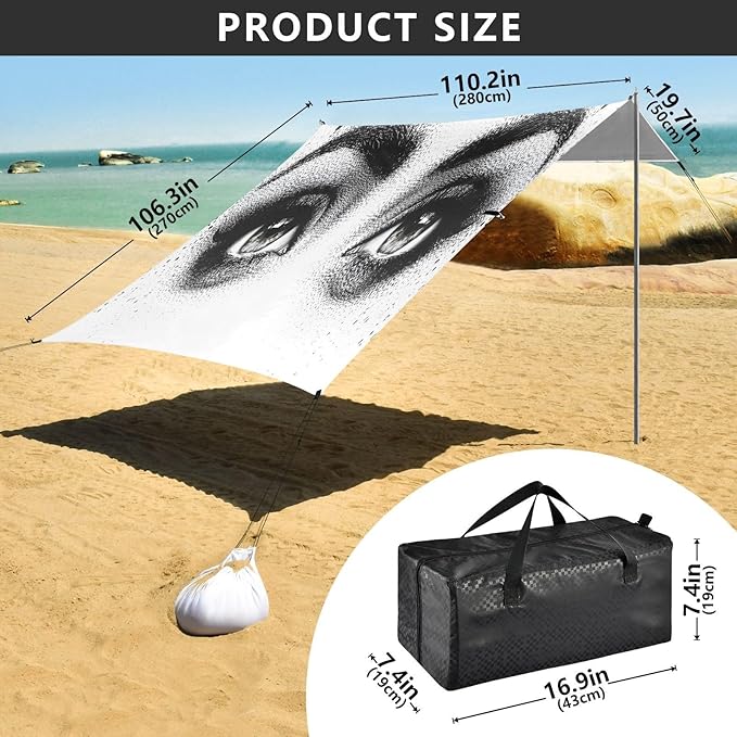 Deep Woman Eyes Black Beach Tent Sun Shelter Set UPF50+ UV Protection 10.5 x 9.19 FT Camping Shade Canopy with Sandbags Sand Anchors Carrying Bag and Others
