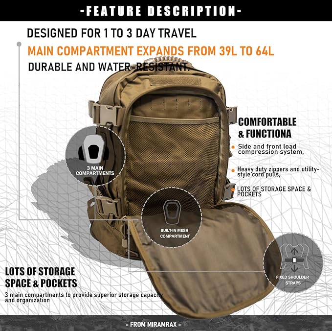 Miramrax Tactical Backpack Military Army Daypack - Assault Pack for Men Molle Backpacks Bug Out Bag 3 Day Pack for Hiking Camping Travel Hunting Rucksack Trekking Coyote