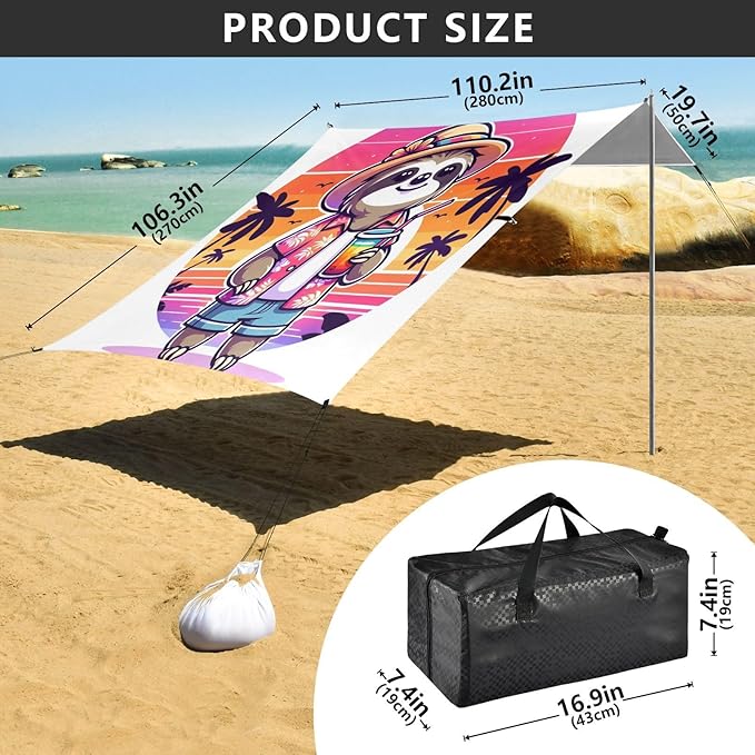 ALAZA Sloth Summer Beach Beach Tent Sun Shelter UPF50+ Protection Beach Shade Canopy w/ 4 Sandbags for Outdoor Camping Fishing Backyard Fun Picnic 10x9 ft