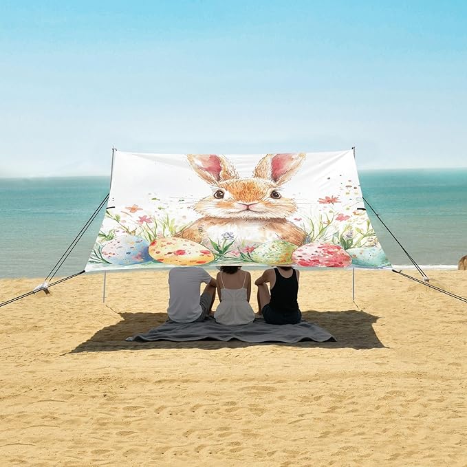 ALAZA Happy Easter Easter Rabbit Eggs Spring Flowers Beach Tent Sun Shelter Portable Canopy Sunshade for Outdoor Camping Picnics Backyard Fun 10x9 ft
