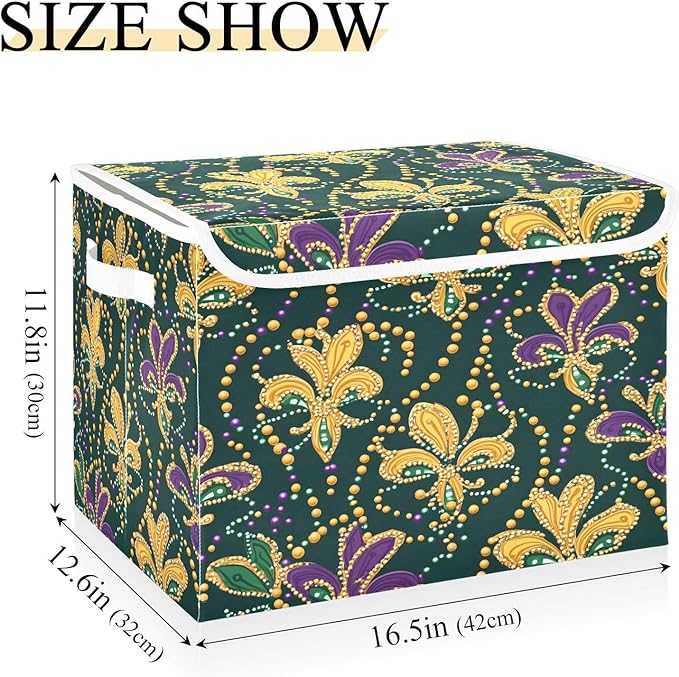 Christmas Storage Baskets with Lids Mardi Gras Themed Collapsible Bins Stackable Fabric Linen Baskets Closet Organizer Container 16.5x12.6x11.8