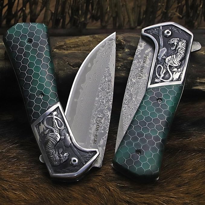 BA-KOR B21A Devil Tiger (XL) 248mm Damascus pocket knife featuring stainless steel and resin aluminum honeycomb-pattern handle &amp(5.9IN) cerium igniter suitable for both men and women as a campin