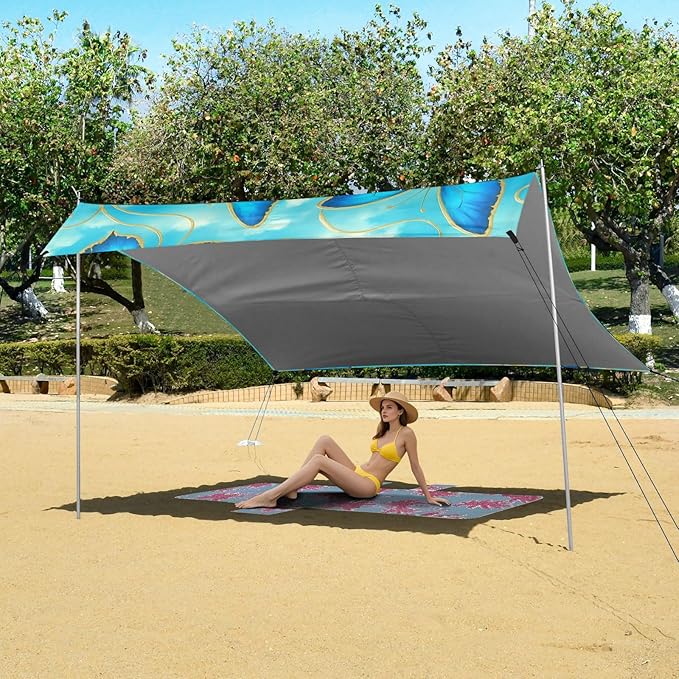 xigua Butterfly Beach Tent Sun Shelter with Carrying Bag - Silver Coated Oxford Fabric Beach Canopy for Beach Camping Fishing - Includes Windproof Ropes Sandbags &amp Stakes