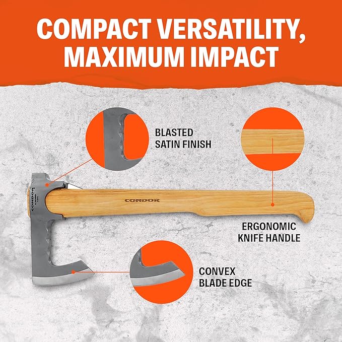 Condor Tool &amp Knife TravelHawk Axe - Handcrafted Leather Sheath - 1060 High Carbon Steel Camping Axe with a Light Wooden Hickory Handle - 6.6in Blade - 30.3oz