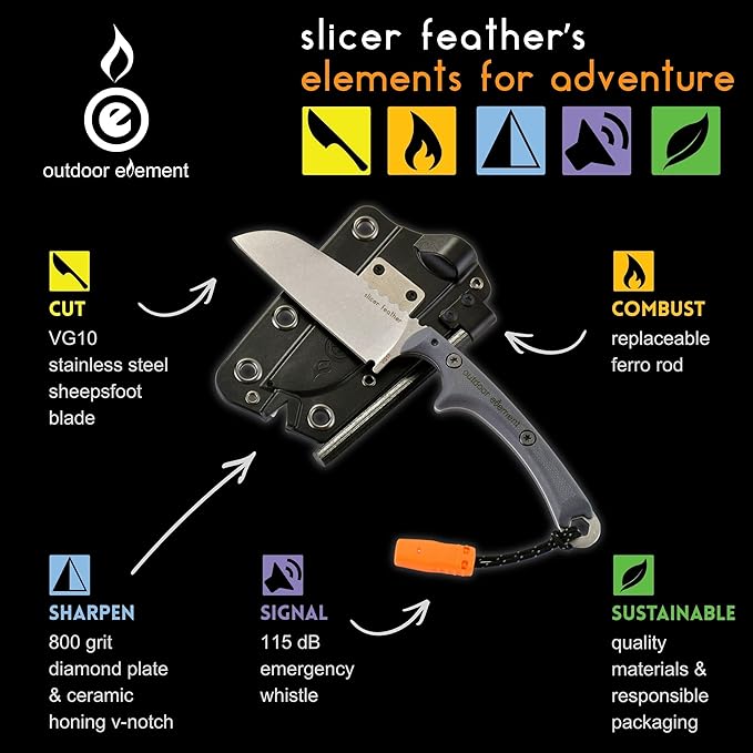 Slicer Feather - Fixed Blade Camp Kitchen Survival Knife with built-in Firestarter for Camping Hunting Outdoor Adventure and Culinary Needs - Full Tang VG10 Blade G10 Scales Loud Whistle Knife Sh