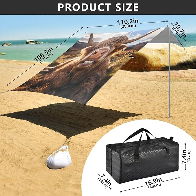 ALAZA Funny Yak Bull/Cow Beach Tent Sun Shelter UPF50+ Protection Beach Shade Canopy w/ 4 Sandbags for Outdoor Camping Fishing Backyard Fun Picnic 10x9 ft