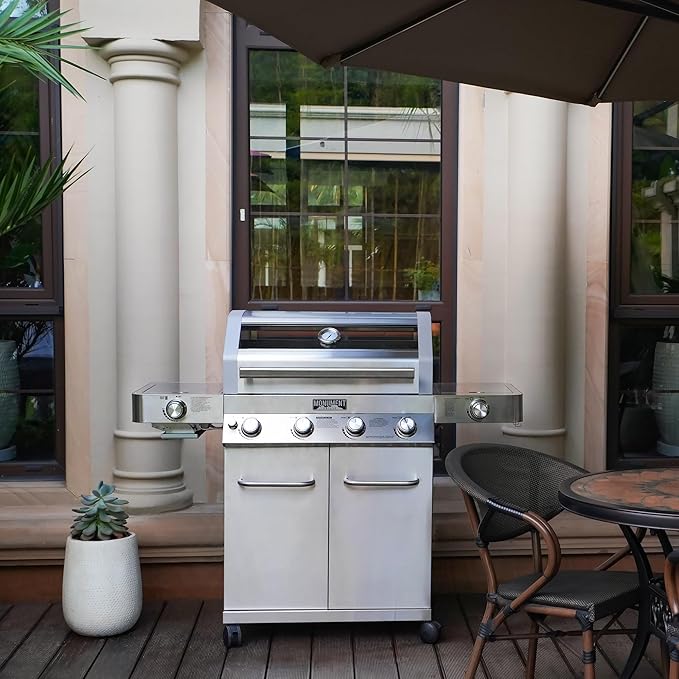 Monument Grills Larger 4-Burner Propane Gas Grills Stainless Steel Cabinet Style with Infrared Side Sear &amp Side Burners with Stainless Steel Cooking Grids(2 Items)