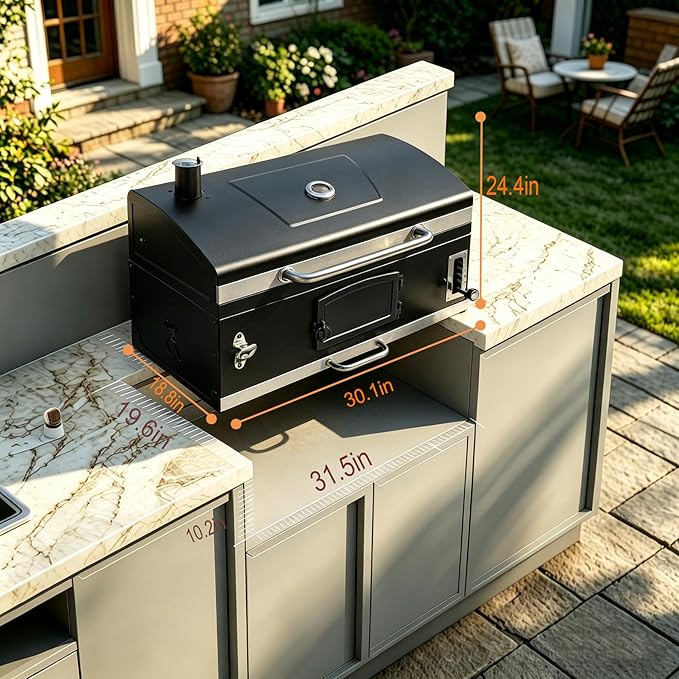 Large Built-in Barbecue Grills Charcoal BBQ Grills with Liftable Tray Insulated Hood &amp Temp Gauge Black Stainless Steel Charcoal BBQ Barrel Grill for Outdoor Kitchen Camping Park Style