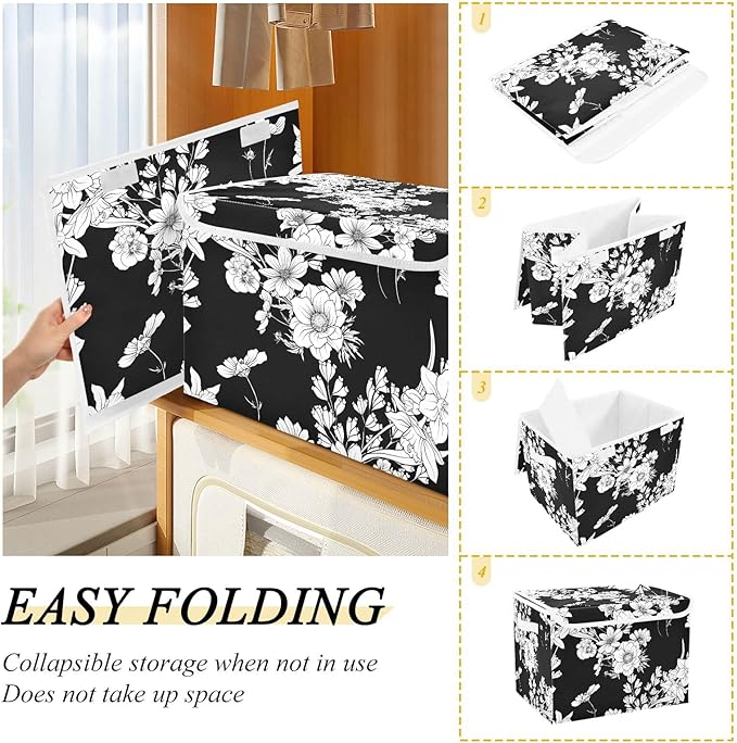 CaTaKu Large Fabric Storage Bins With LidsBlack and White Flower Storage Boxes With Handles for Organizing Clothes Collapsible Storage Cube Bins Baskets for Shelves