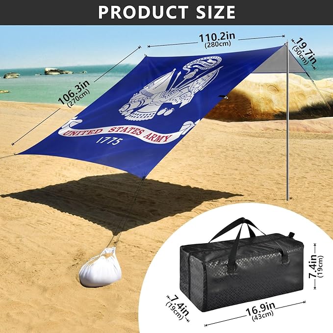 United States Military Us Army Flag Blue Beach Cabana UPF50+ Easy Setup Large Sun Shelter with Sand Pockets for Camping Picnics Backyard &amp Fishing