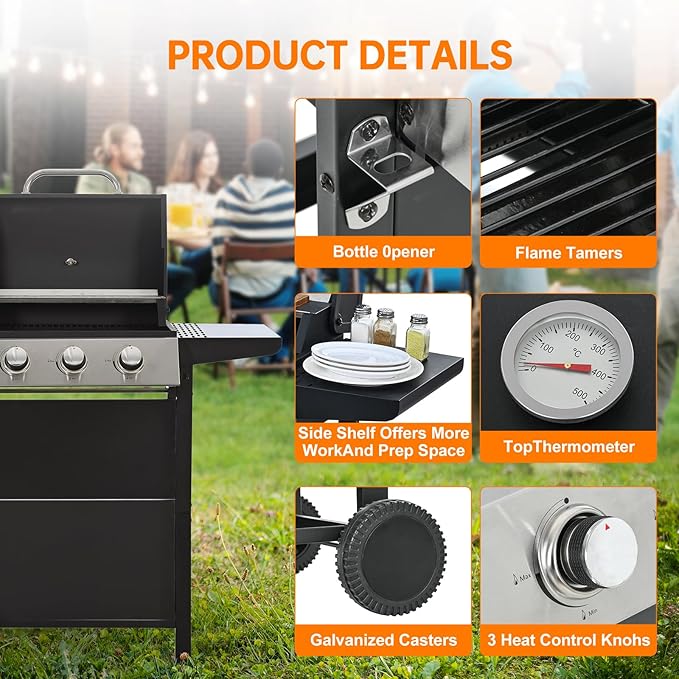 2 and 1 Burner Propane Gas Grill Stainless Steel BBQ Grill 31000 BTU for Outdoor Cooking Kitchen Garden and Patio Backyard Barbecue Black and Silver