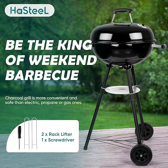 HaSteeL 18 Inch Charcoal Grill Black Kettle Outdoor Barbecue Grill 2-In-1 Portable BBQ Grill with Wheels for Camping Backyard Patio Picnic Porcelain-Enameled Lid &amp Fire Bowl 254.SQ.IN Cooking