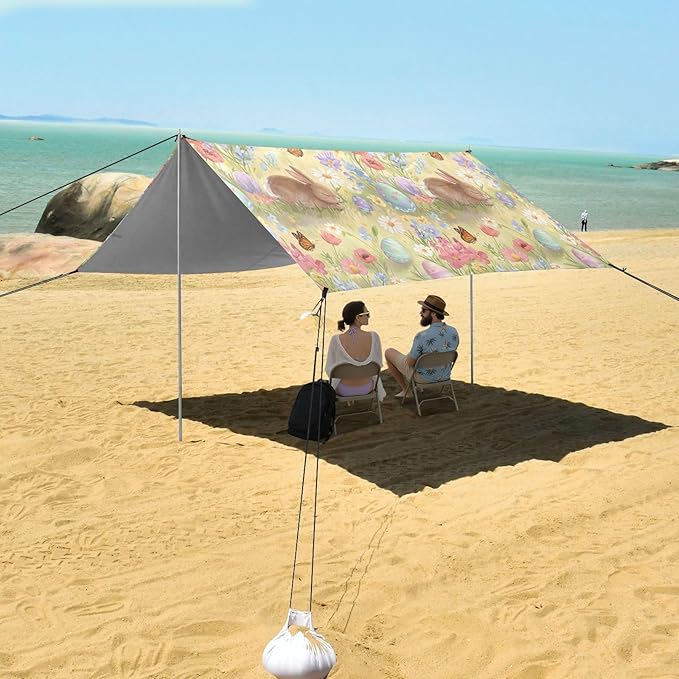 xigua Easter Bunny Beach Tent Sun Shelter with Carrying Bag - Silver Coated Oxford Fabric Beach Canopy for Beach Camping Fishing - Includes Windproof Ropes Sandbags &amp Stakes