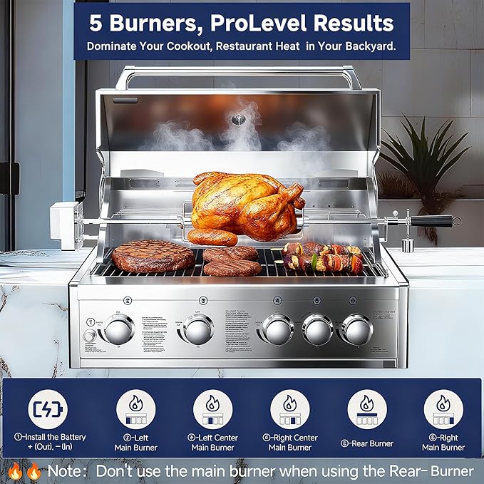BODEGA 5 Burner Built In Gas Grill Island Head Stainless Steel 30 Inch Propane Grill with Rear Burner 58000 BTUs 988.5 SQ In Racks Dual Fuel Compatibility Gas Grill Outdoor Cooking BBQ Fork Kit.