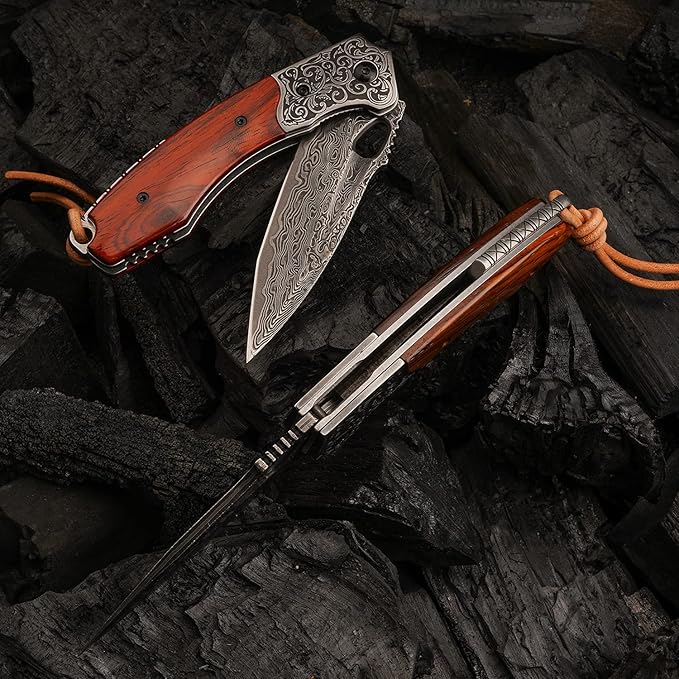 forging handmade vg10 damascus steel folding kniferosewood handle leather sheathedc pocket knives for men outdoors camping fishing