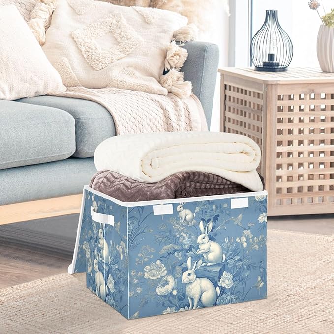 susiyo Large Foldable Storage Bin with Flip-Top Lid Chinoiserie Rabbits Storage Box Collapsible Closet Organizer Containers Boxes Decorative Baskets with Handles for Home Bedroom Living Room Office