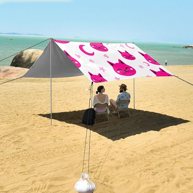 xigua Cat Beach Tent Sun Shelter with Carrying Bag - Silver Coated Oxford Fabric Beach Canopy for Beach Camping Fishing - Includes Windproof Ropes Sandbags &amp Stakes