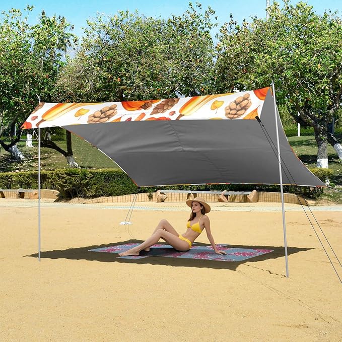 Beach Canopy with Windproof Ropes &amp Sandbags Beach Tent Sun Shade Sun Shelter for Camping Trips Fishing Backyard Fun or Picnics Pumpkins