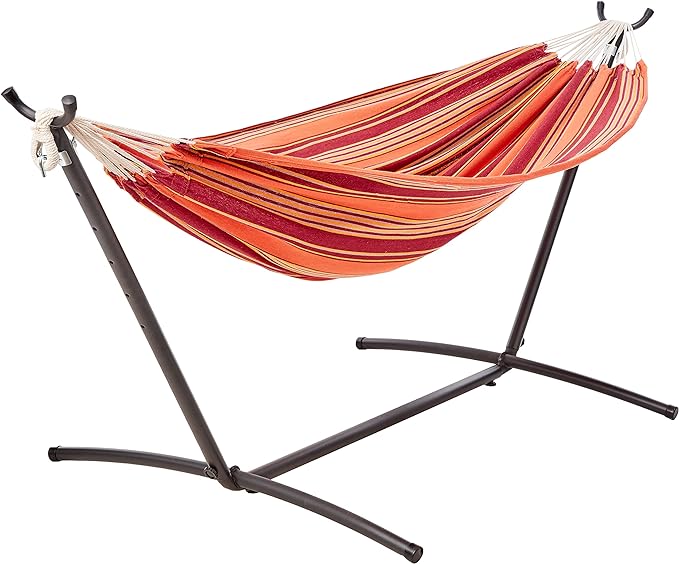 Amazon Basics Double Hammock with 9-Foot Space Saving Steel Stand and Carrying Case 2 Person 450 lb Capacity Sunset Orange Stripe 110 x 47 x 43 Outdoor