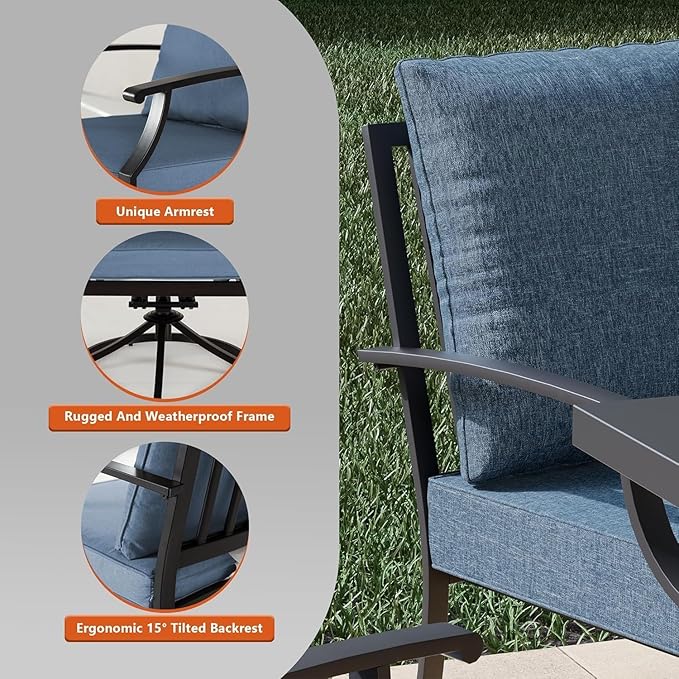 7 Piece Metal Outdoor Patio Furniture Set with 48/55000 BTU Round Fire Pit TableOutdoor Dining Table Set 6 Swivel Chairs No-Slip Cushions and Waterproof CoversNavy